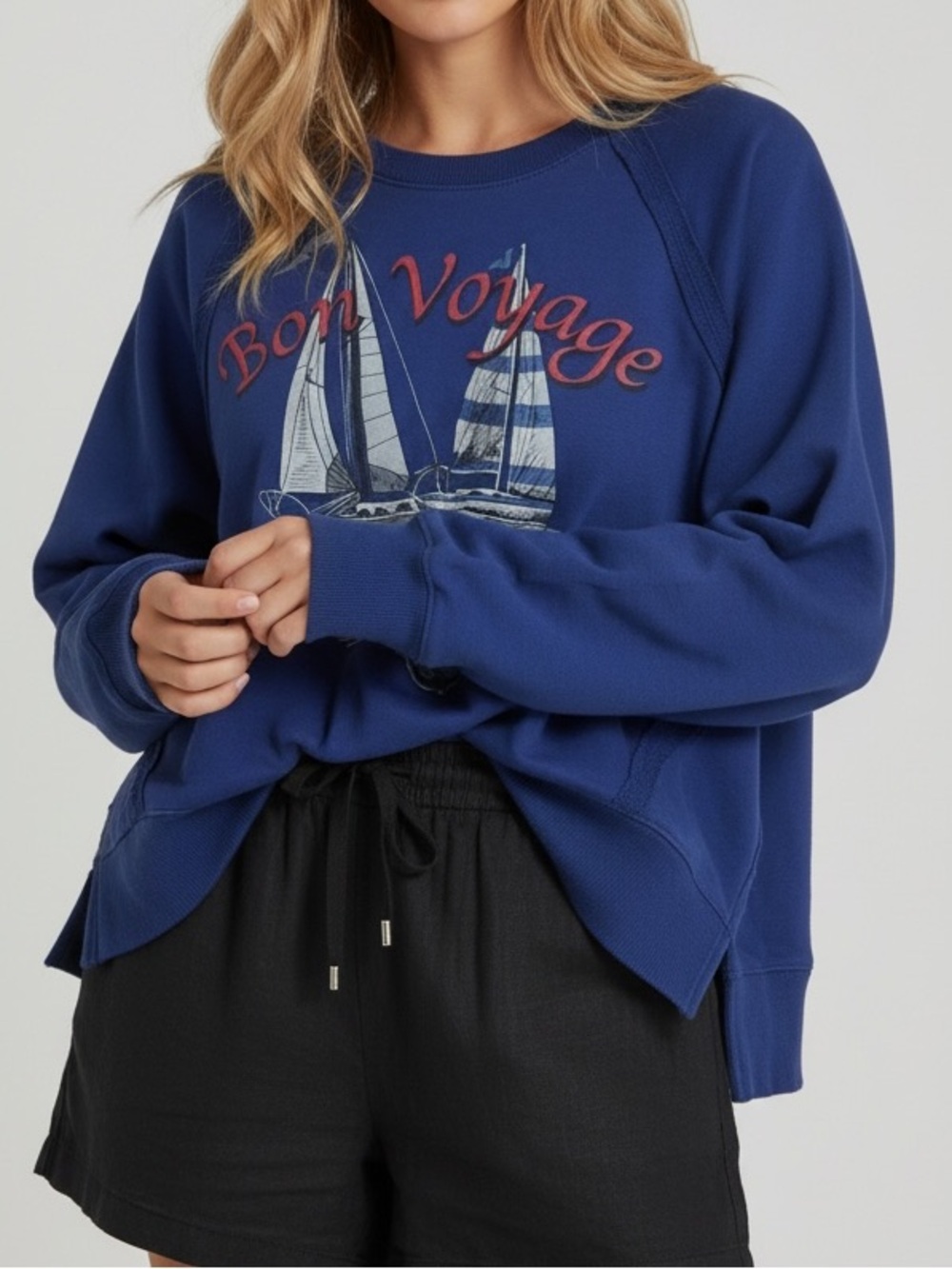 Vinyl Icons Sailboat “Bon Voyage” Graphic Terry Lined Crewneck Sweatshirt Large